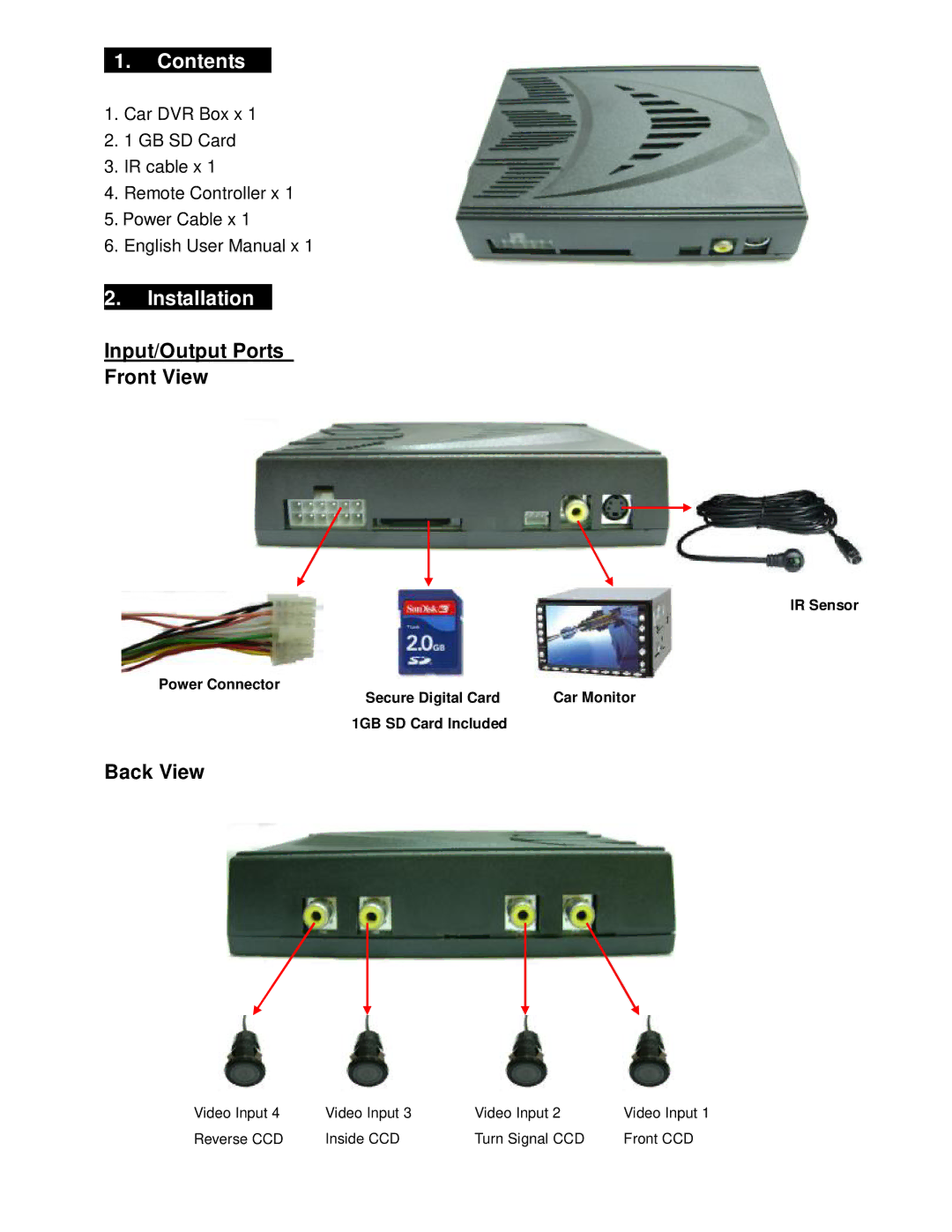 Crimestopper Security Products DVR user manual Contents, Installation, Input/Output Ports Front View, Back View 