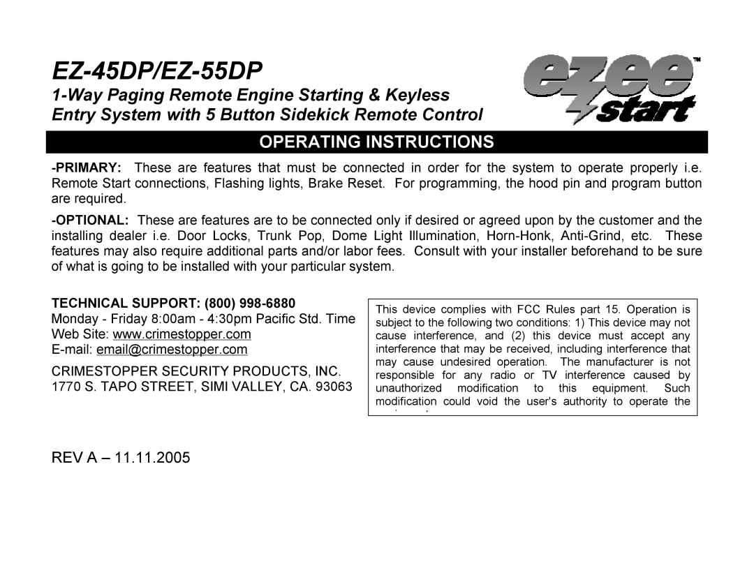 Crimestopper Security Products EZ-55DP, EZ-45DP operating instructions Operating Instructions, Technical Support 800 