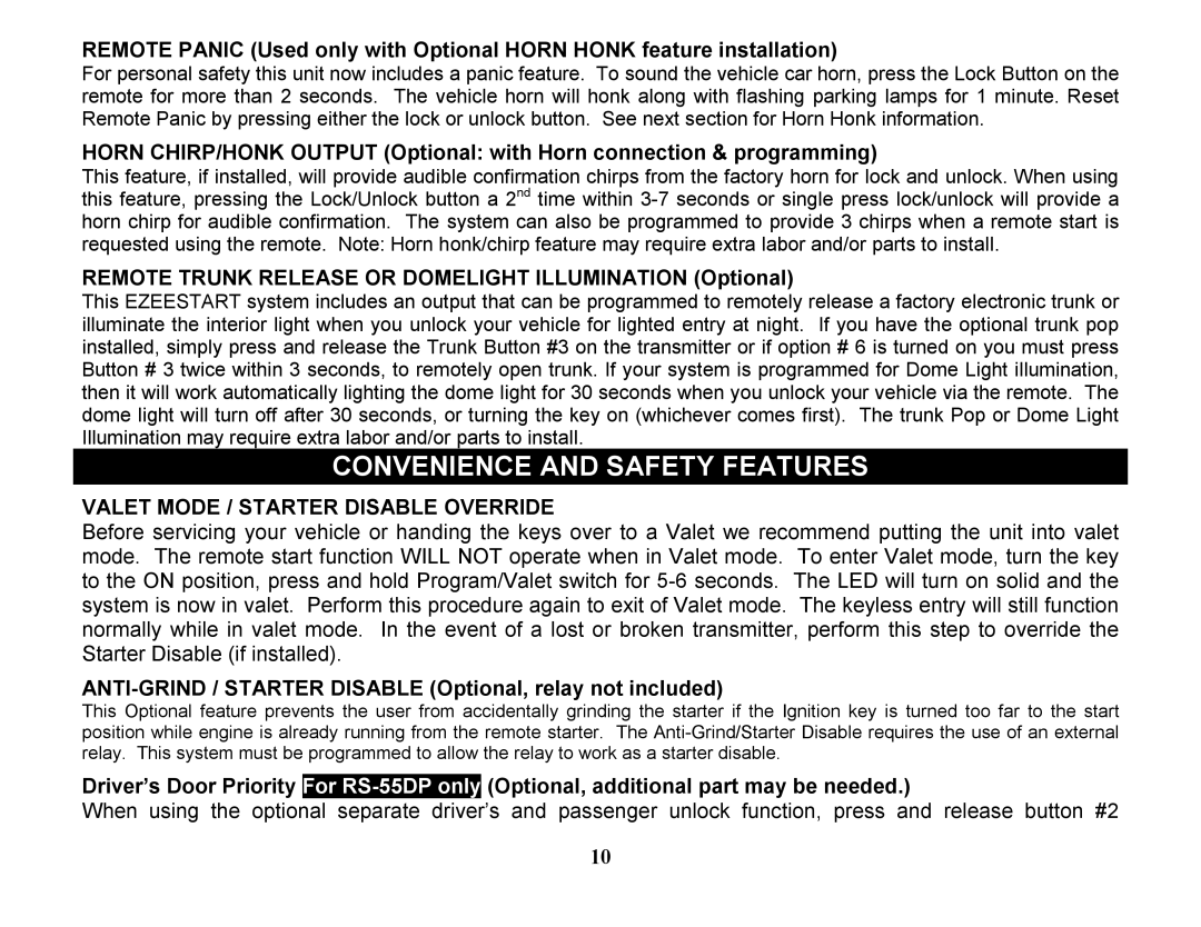 Crimestopper Security Products EZ-45DP, EZ-55DP Convenience and Safety Features, Valet Mode / Starter Disable Override 