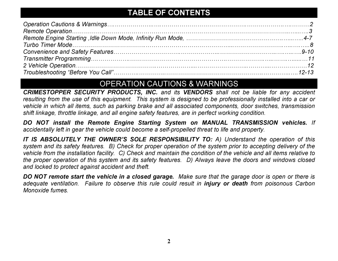 Crimestopper Security Products EZ-45DP, EZ-55DP operating instructions Table of Contents 