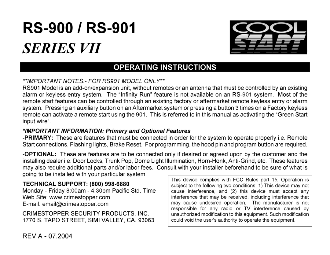 Crimestopper Security Products RS-900 manual Operating Instructions, Important Information Primary and Optional Features 