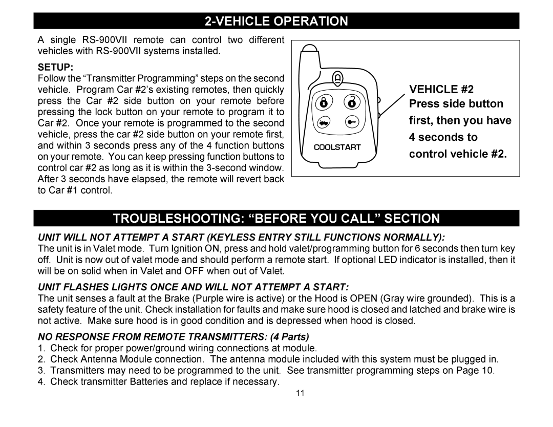 Crimestopper Security Products RS-900 manual Vehicle Operation, Troubleshooting Before YOU Call Section, Setup 