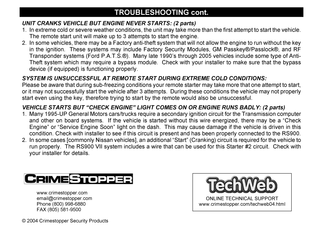 Crimestopper Security Products RS-900 manual Troubleshooting, Unit Cranks Vehicle but Engine Never Starts 2 parts 