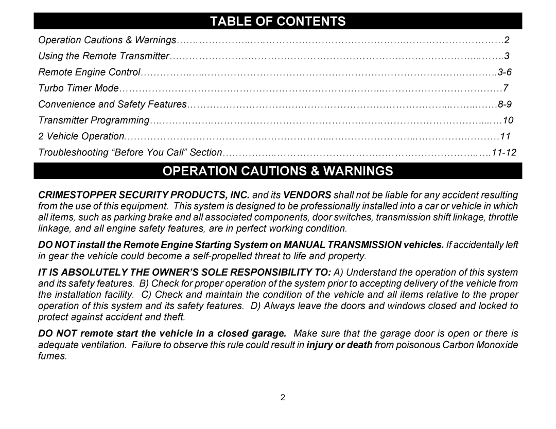 Crimestopper Security Products RS-900 manual Table of Contents, Operation Cautions & Warnings 