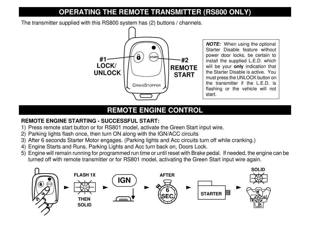 Crimestopper Security Products RS801, RS800ER Operating the Remote Transmitter RS800 only, Remote Engine Control 