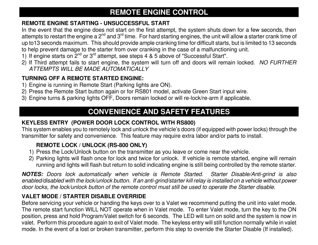 Crimestopper Security Products RS800ER, RS801 operating instructions Convenience and Safety Features 