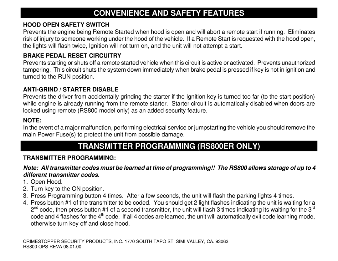 Crimestopper Security Products RS801 operating instructions Transmitter Programming RS800ER only, Hood Open Safety Switch 