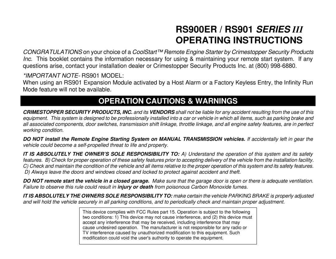 Crimestopper Security Products RS-901 operating instructions RS900ER / RS901 Series Operating Instructions 