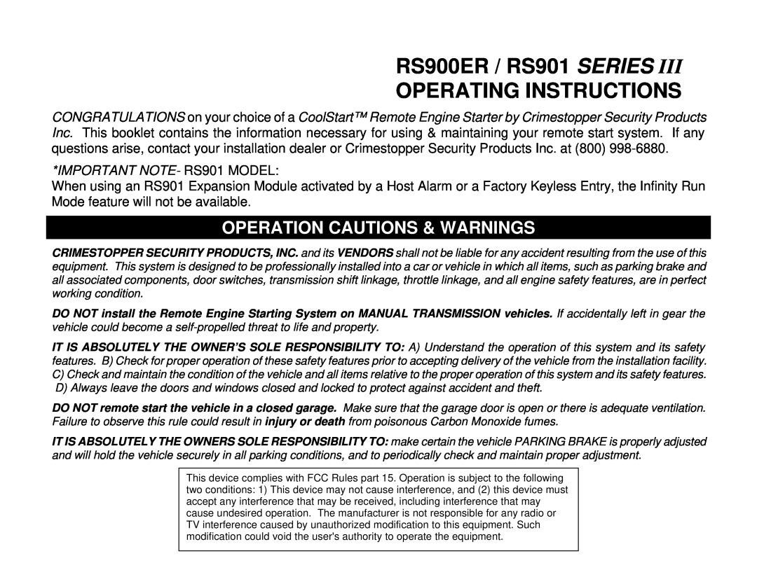 Crimestopper Security Products RS-901 operating instructions RS900ER / RS901 SERIES OPERATING INSTRUCTIONS 
