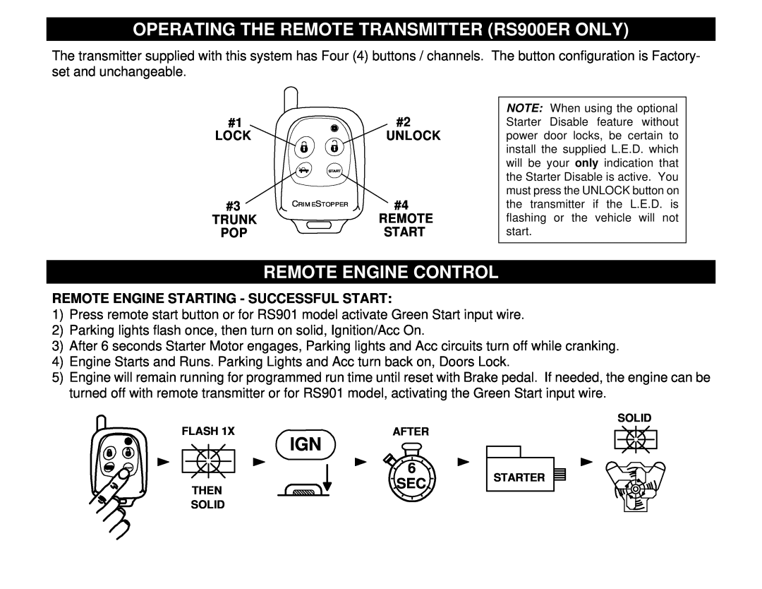 Crimestopper Security Products RS-901 OPERATING THE REMOTE TRANSMITTER RS900ER ONLY, Remote Engine Control 