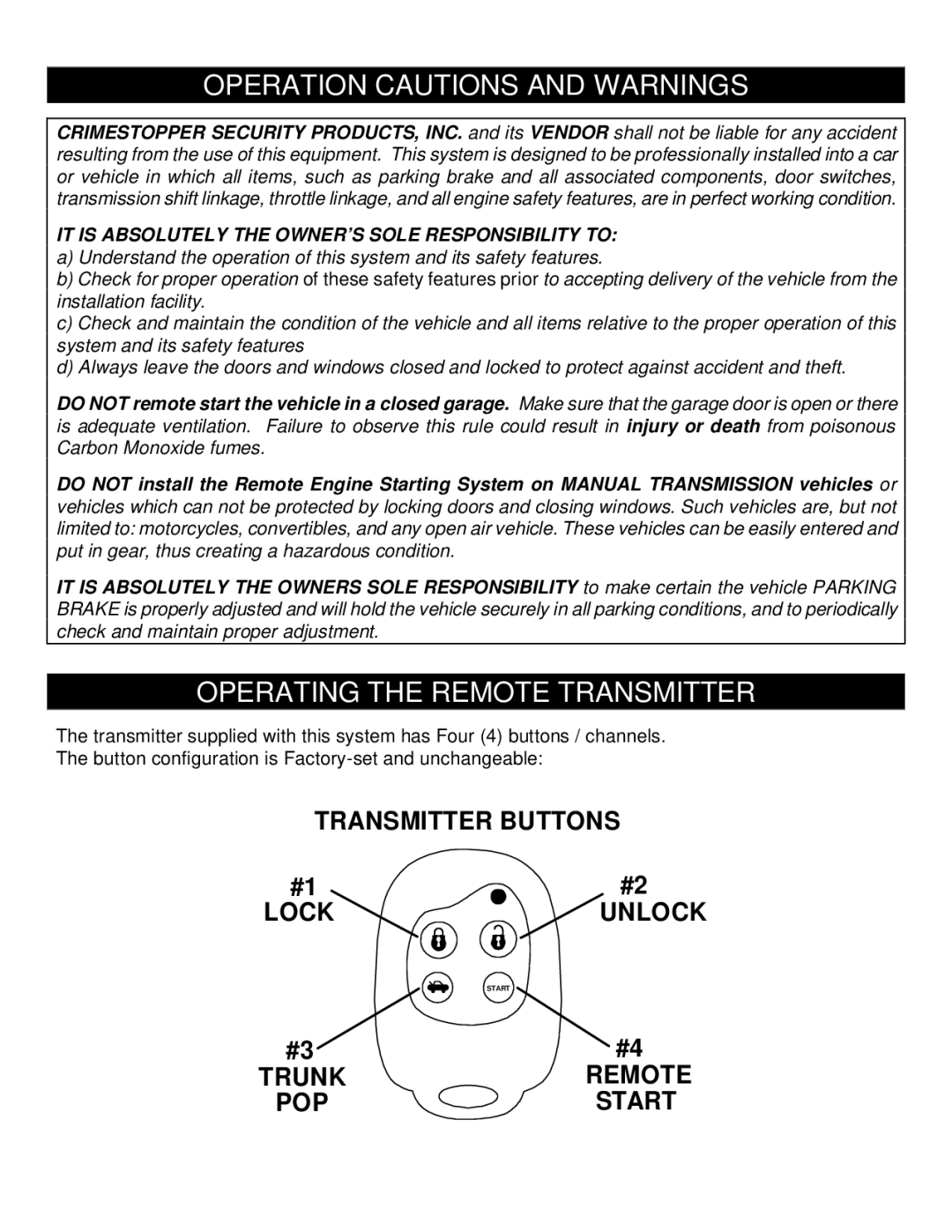 Crimestopper Security Products RS900ER manual Operation Cautions and Warnings, Operating the Remote Transmitter 