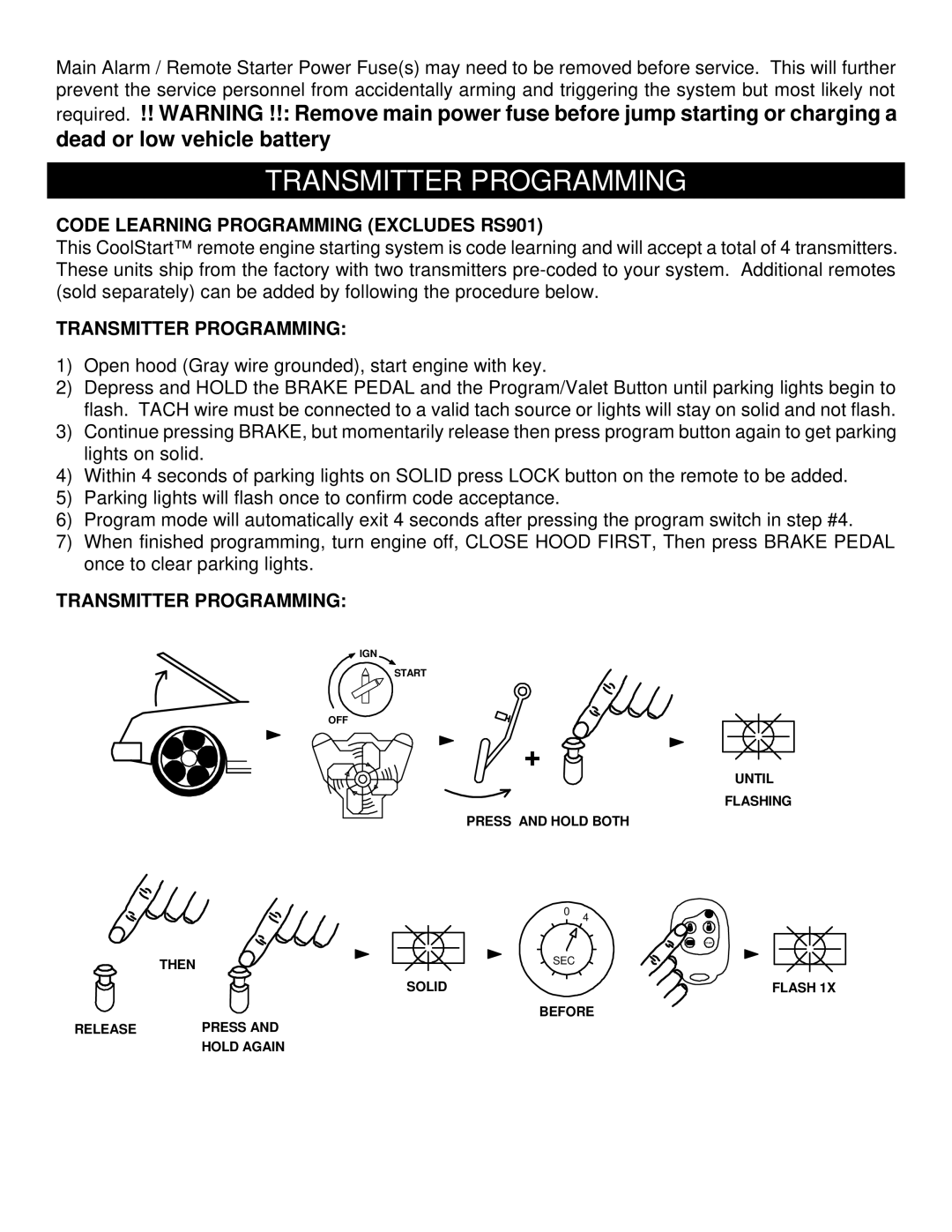 Crimestopper Security Products RS900ER manual Transmitter Programming, Code Learning Programming Excludes RS901 