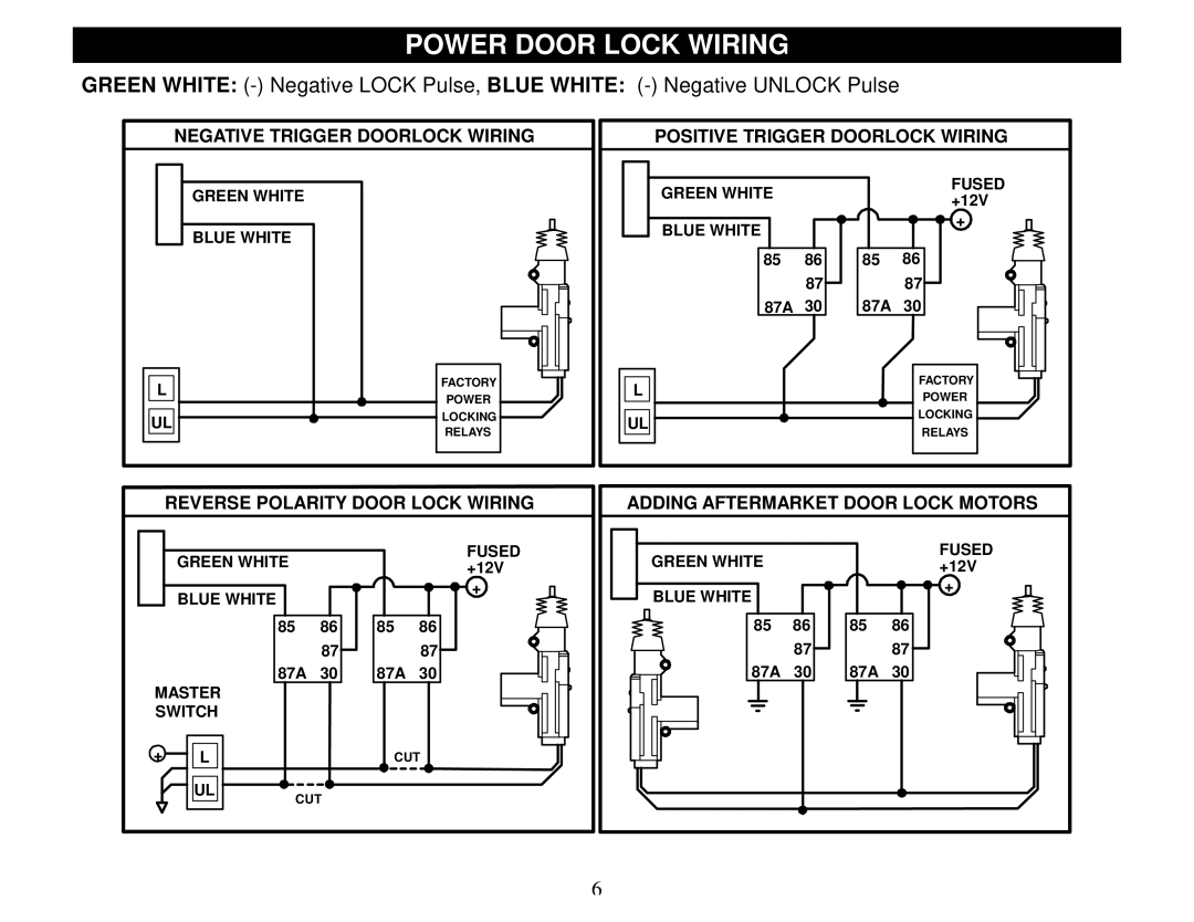 Crimestopper Security Products SP-100 operating instructions Power Door Lock Wiring, Adding Aftermarket Door Lock Motors 