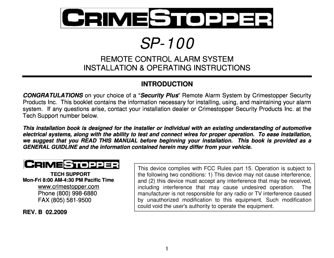 Crimestopper Security Products SP-100 operating instructions Introduction, Rev. B, Remote Control Alarm System 