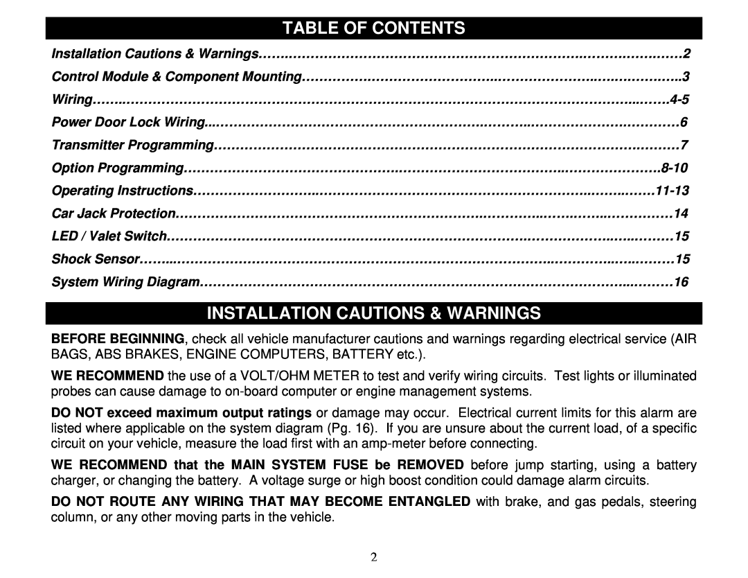 Crimestopper Security Products SP-100 operating instructions Table Of Contents, Installation Cautions & Warnings 