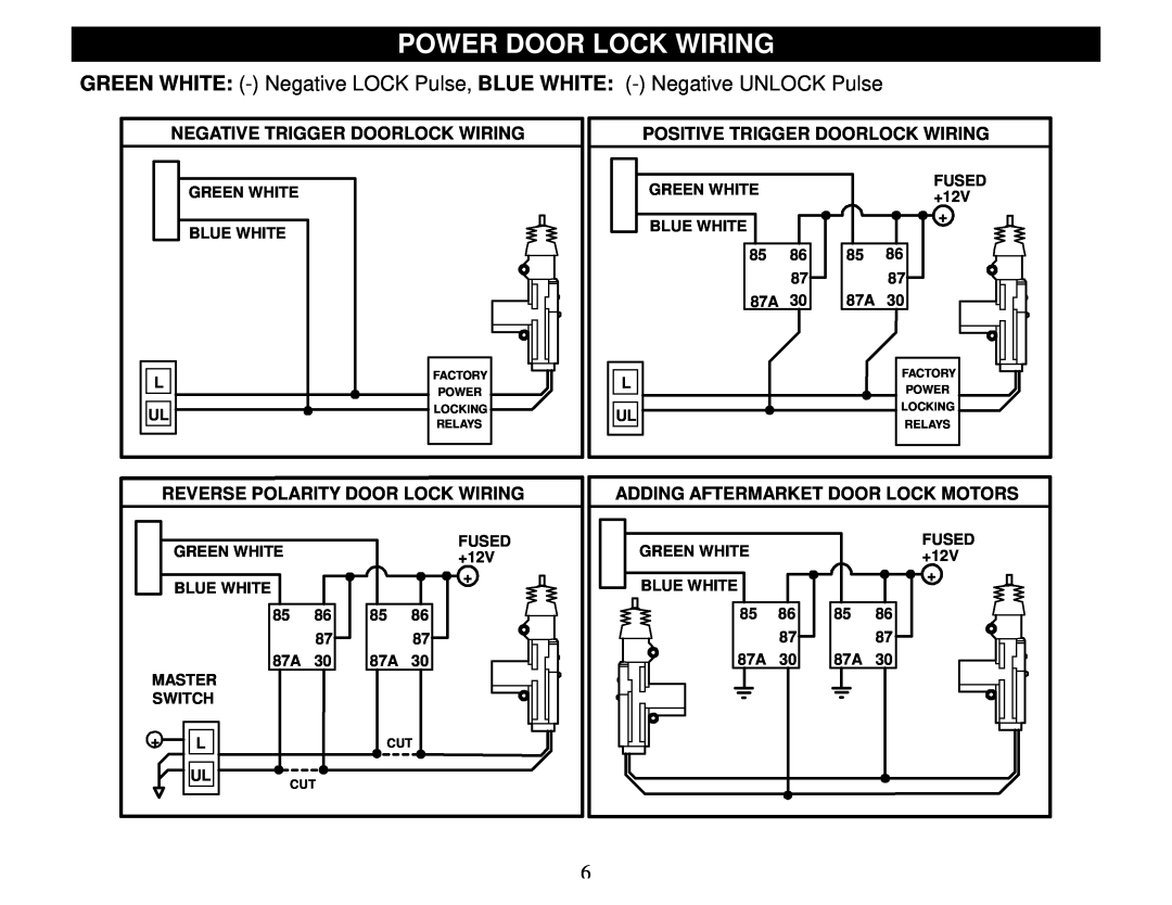 Crimestopper Security Products SP-100 operating instructions Power Door Lock Wiring, Negative Trigger Doorlock Wiring 