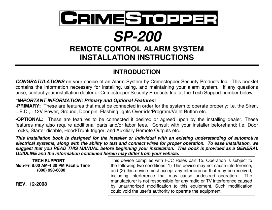 Crimestopper Security Products SP-200 installation instructions Rev 