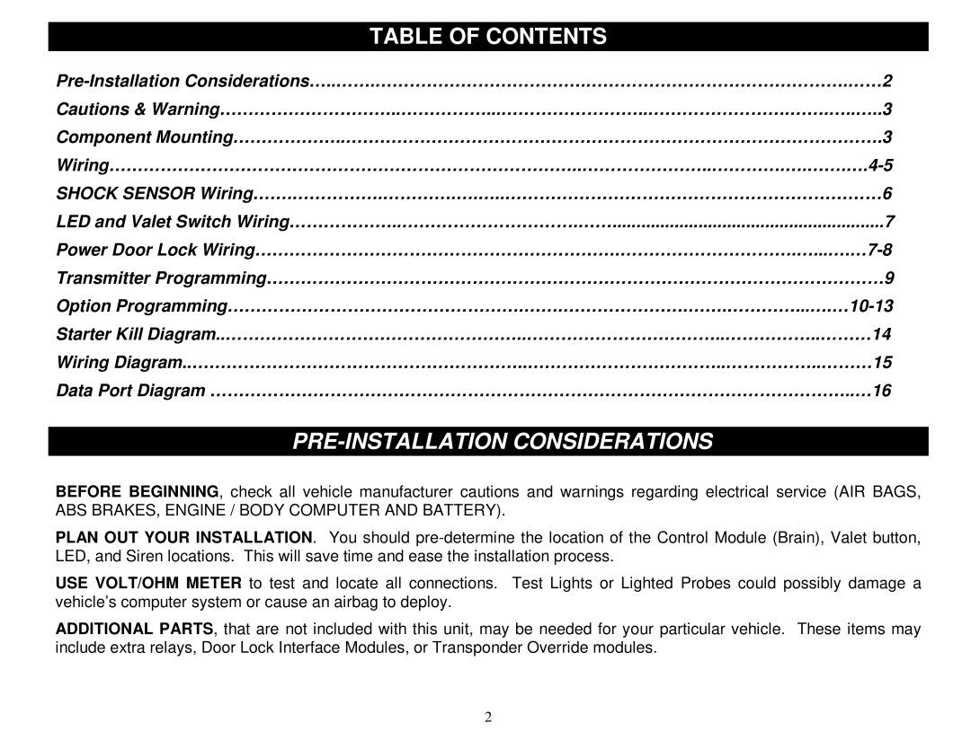 Crimestopper Security Products SP-200 installation instructions Table of Contents, PR PRE-INSTALLATION Considerations 