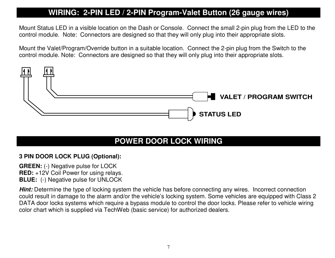 Crimestopper Security Products SP-200 installation instructions Power Door Lock Wiring, Valet / Program Switch Status LED 