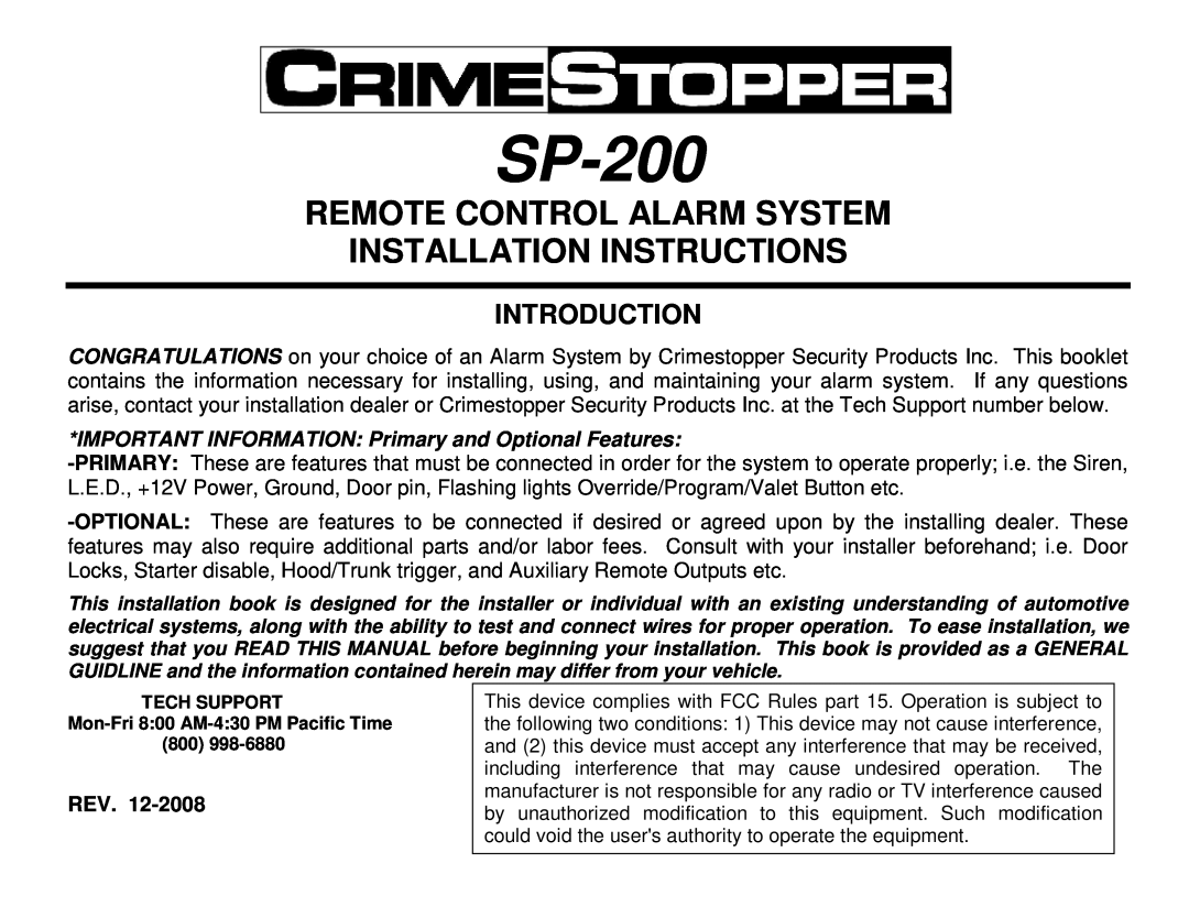 Crimestopper Security Products SP-200 installation instructions Rev, Remote Control Alarm System, Introduction 