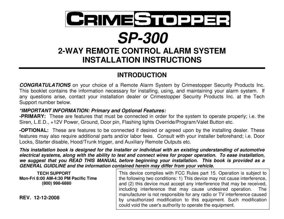 Crimestopper Security Products SP-300 installation instructions Rev 