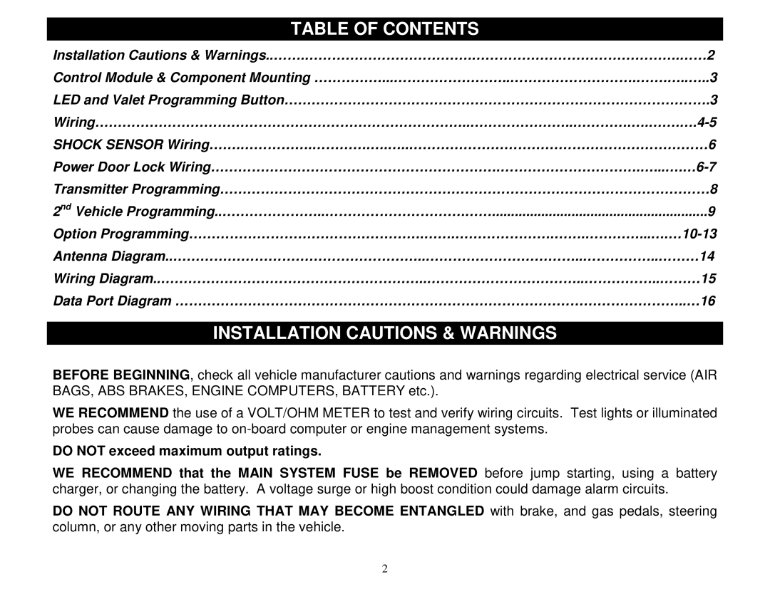 Crimestopper Security Products SP-300 installation instructions Table of Contents, Installation Cautions & Warnings 