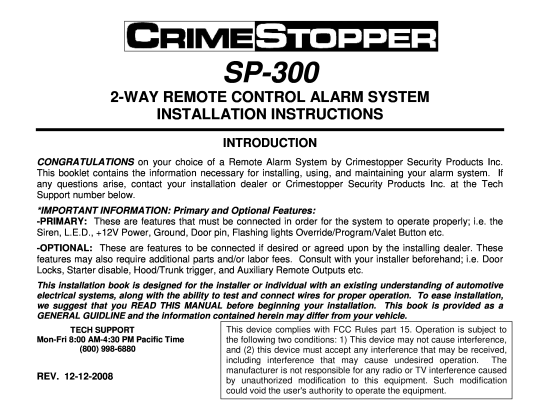 Crimestopper Security Products SP-300 installation instructions Rev, Wayremote Control Alarm System, Introduction 