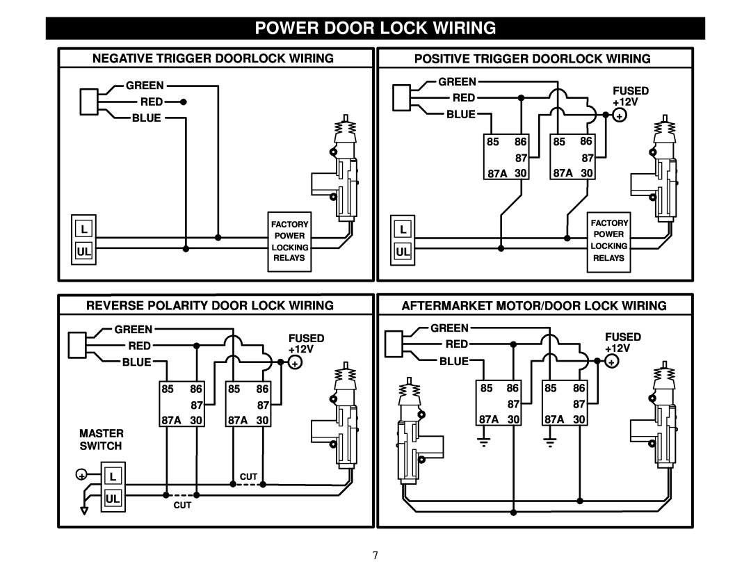 Crimestopper Security Products SP-300 installation instructions Power Door Lock Wiring, Negative Trigger Doorlock Wiring 