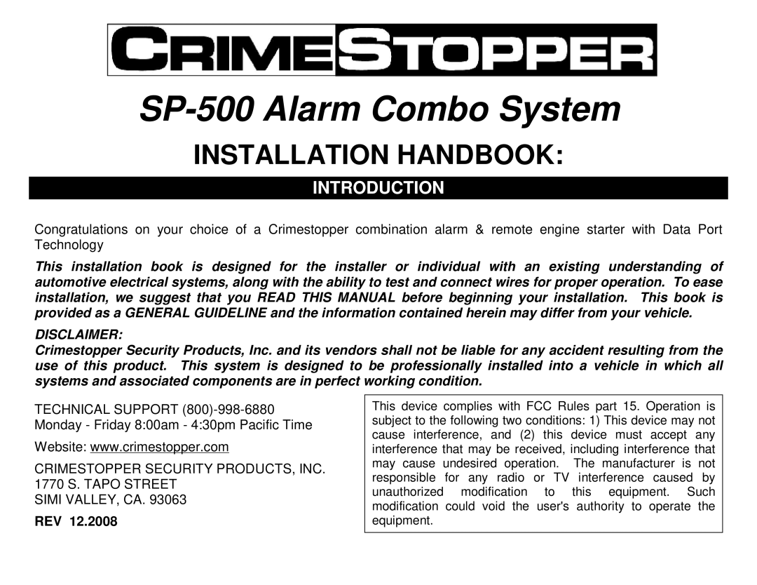 Crimestopper Security Products SP-500 manual Introduction, Disclaimer, Rev 