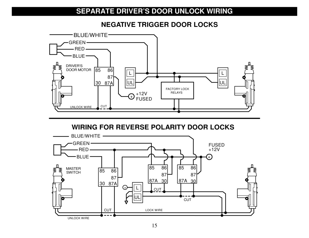 Crimestopper Security Products SP-500 manual Separate DRIVER’S Door Unlock Wiring, Negative Trigger Door Locks 