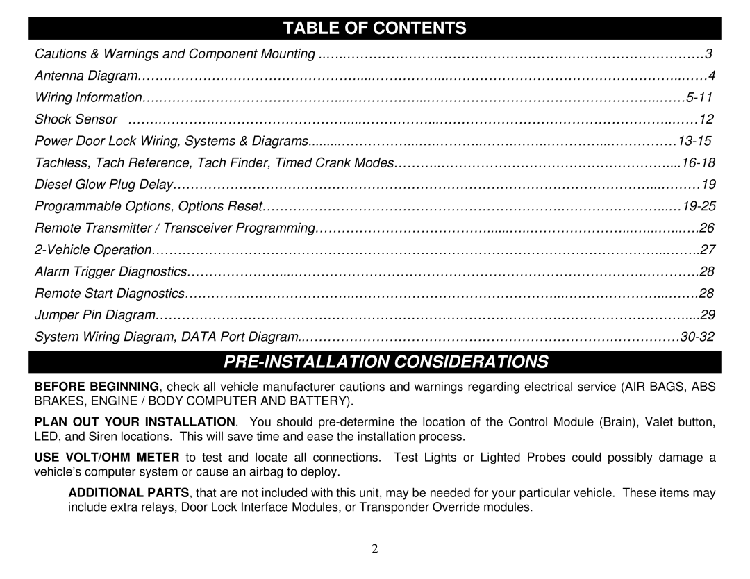 Crimestopper Security Products SP-500 manual Table of Contents, PR PRE-INSTALLATION Considerations 