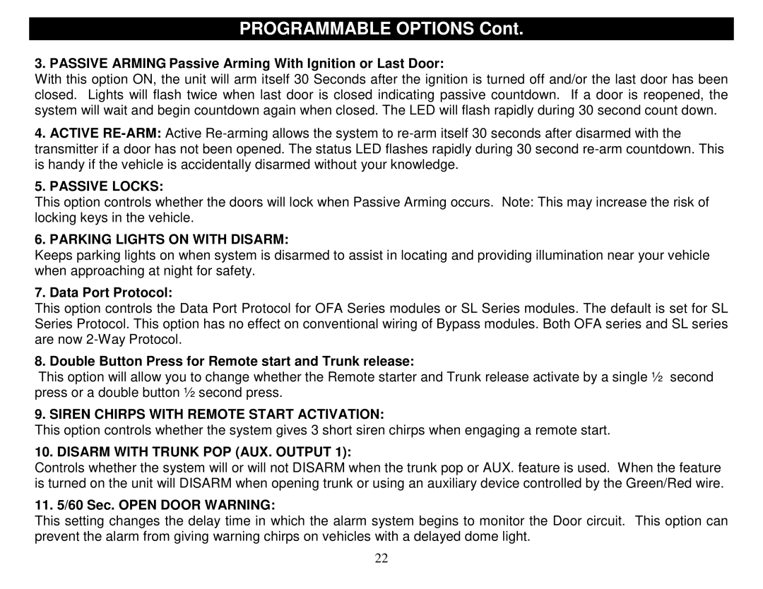 Crimestopper Security Products SP-500 manual Programmable Options, Passive Locks, Parking Lights on with Disarm 