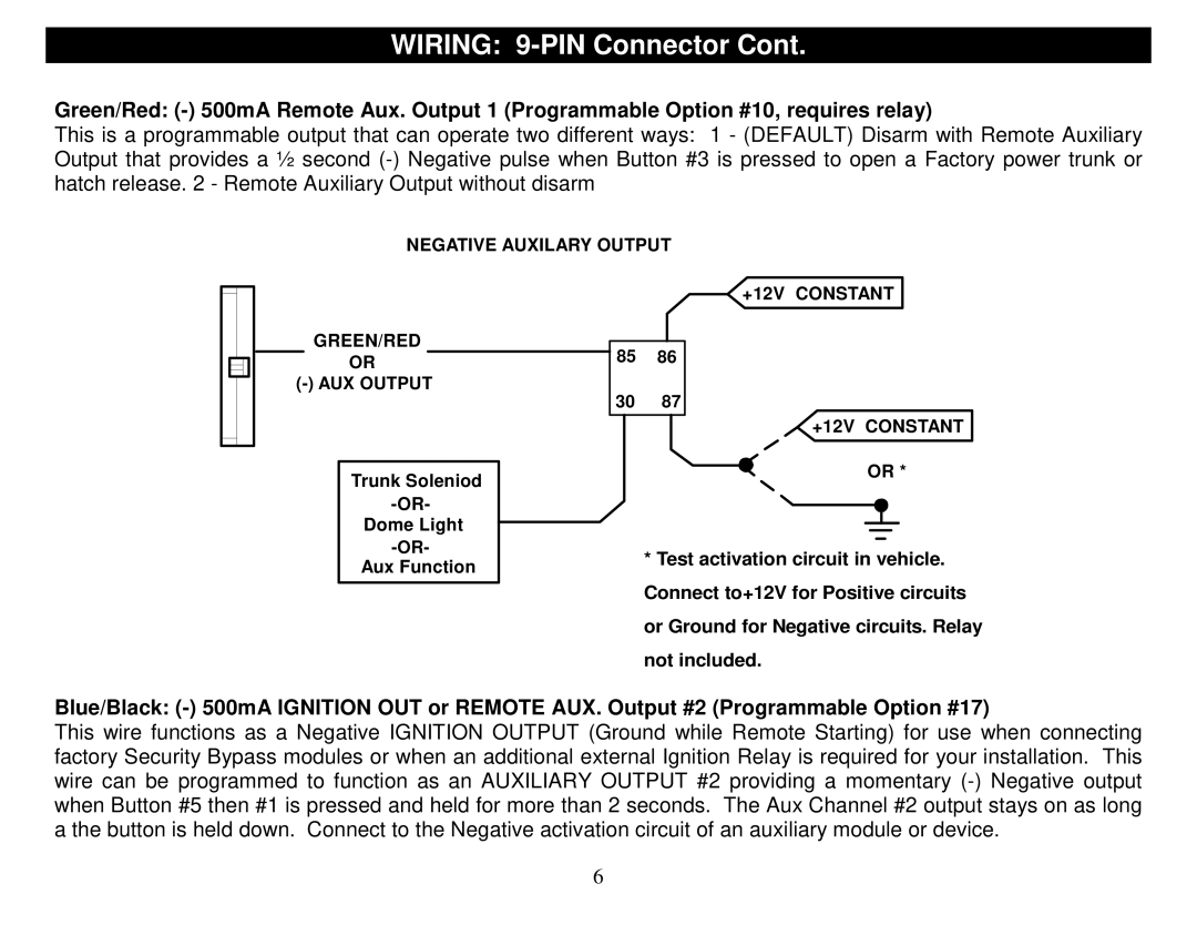Crimestopper Security Products SP-500 manual Negative Auxilary Output +12V Constant GREEN/RED 
