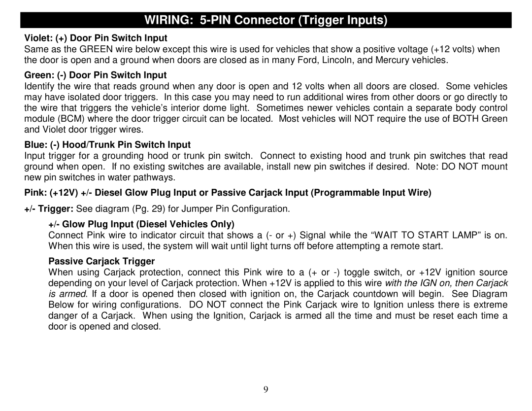 Crimestopper Security Products SP-500 manual Wiring 5-PIN Connector Trigger Inputs 