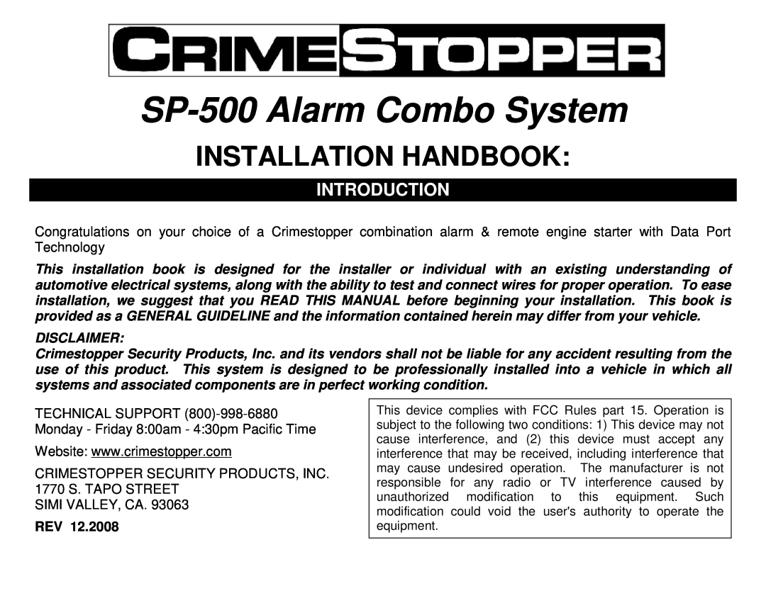 Crimestopper Security Products manual Introduction, Disclaimer, SP-500Alarm Combo System, Installation Handbook 
