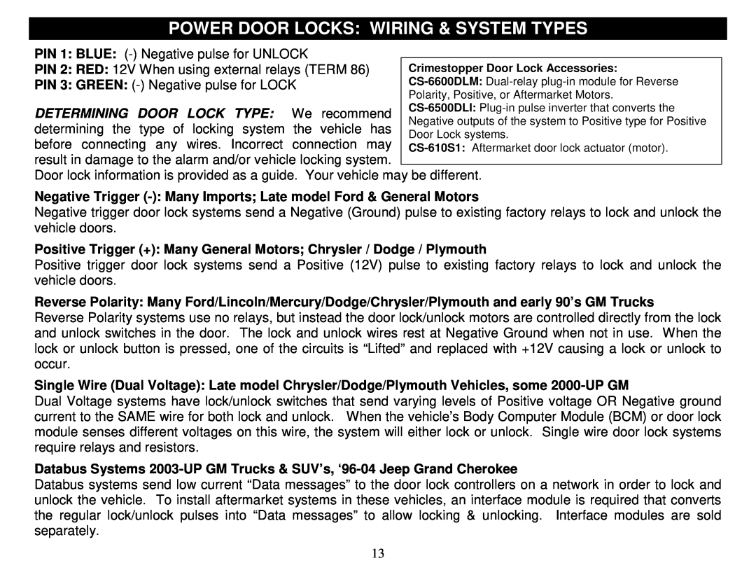Crimestopper Security Products SP-500 manual Power Door Locks Wiring & System Types 