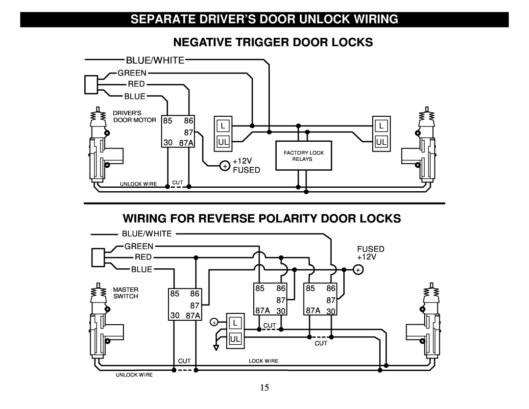 Crimestopper Security Products SP-500 manual Separate Driver’S Door Unlock Wiring, Negative Trigger Door Locks, Blue/White 