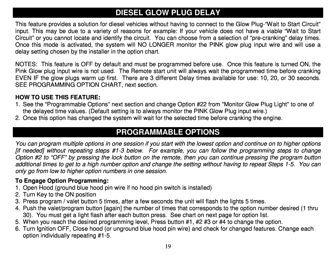 Crimestopper Security Products SP-500 manual Diesel Glow Plug Delay, Programmable Options, To Engage Option Programming 