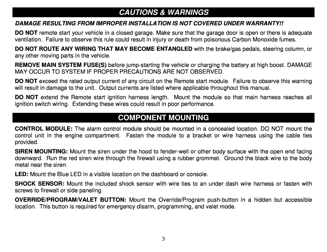 Crimestopper Security Products SP-500 manual Cautions & Warnings, Component Mounting 