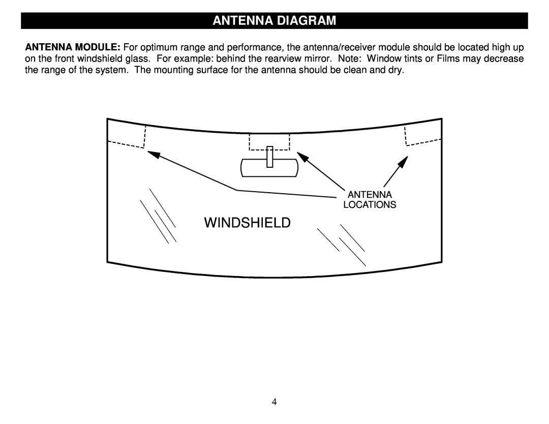 Crimestopper Security Products SP-500 manual Antenna Diagram, Windshield 