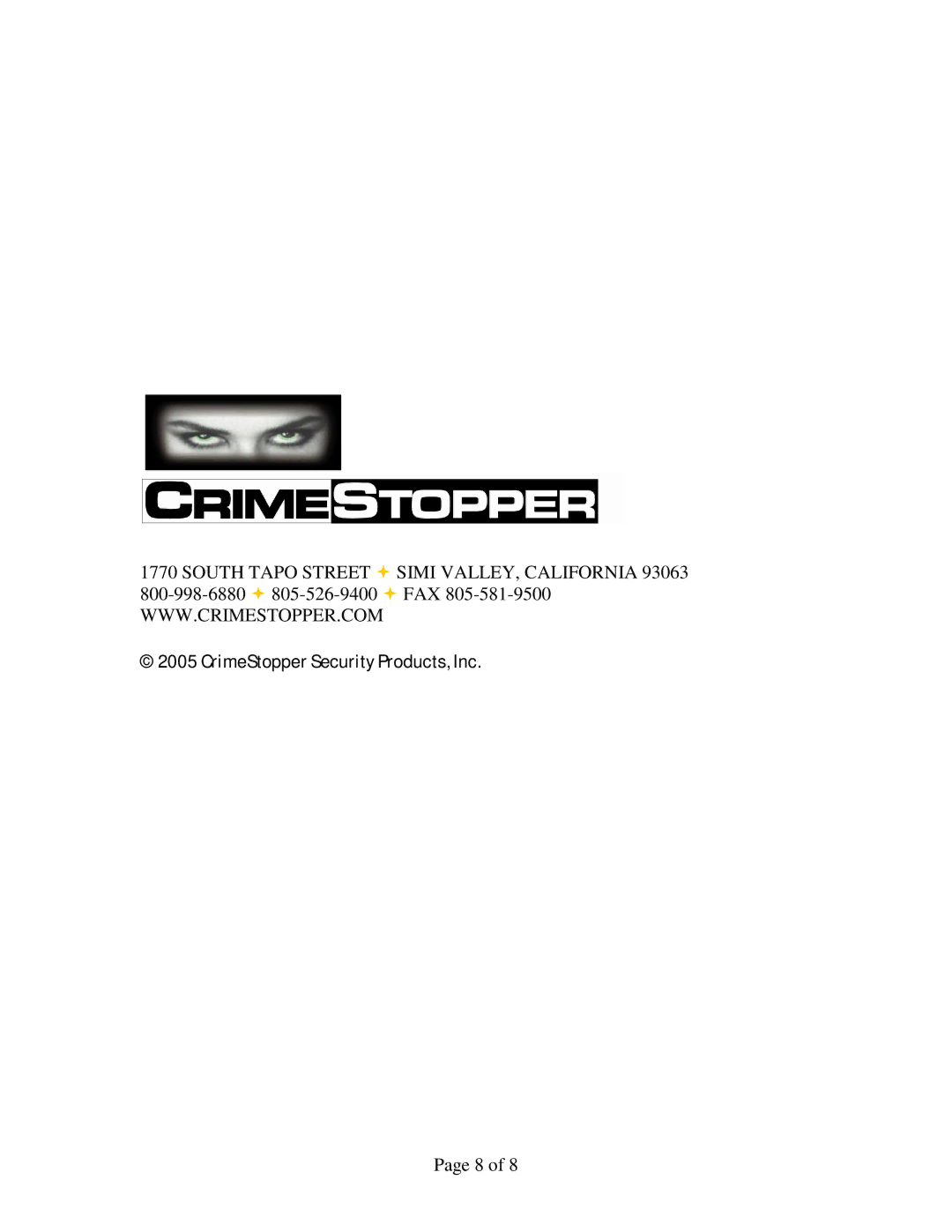 Crimestopper Security Products SV-6400 installation manual CrimeStopper Security Products, Inc 