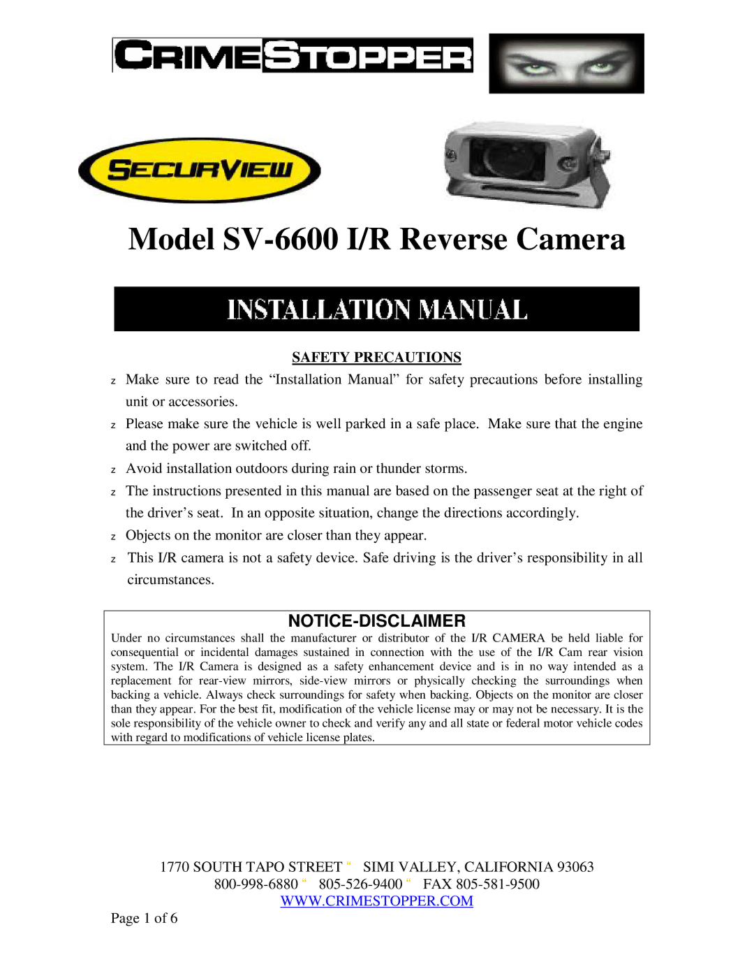 Crimestopper Security Products installation manual Model SV-6600 I/R Reverse Camera 