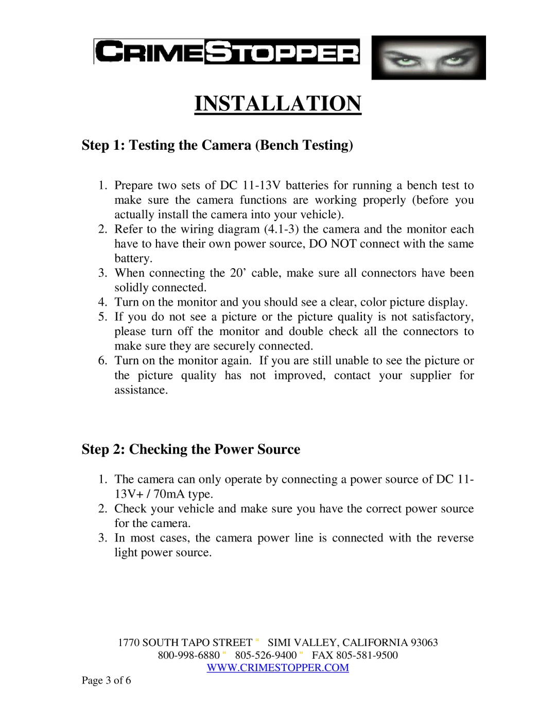 Crimestopper Security Products SV-6600 I/R Installation, Testing the Camera Bench Testing, Checking the Power Source 