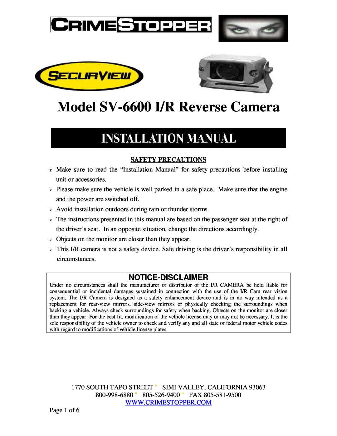 Crimestopper Security Products SV-6600 I/R installation manual Model SV-6600I/R Reverse Camera, Notice-Disclaimer 