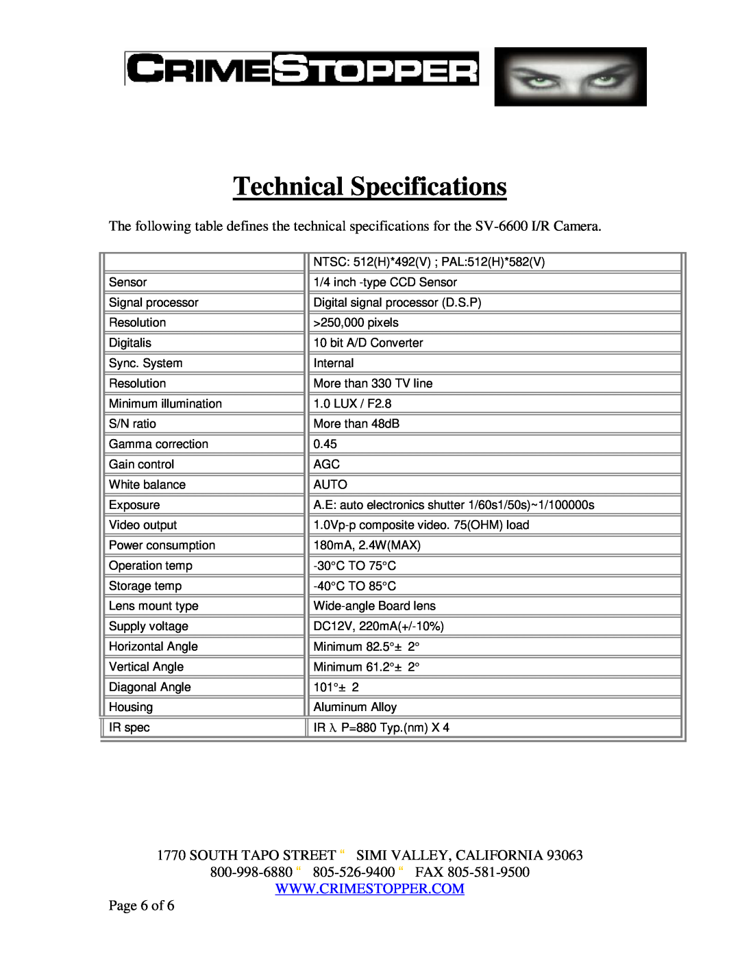 Crimestopper Security Products SV-6600 I/R Technical Specifications, South Tapo Street ª Simi Valley, California 