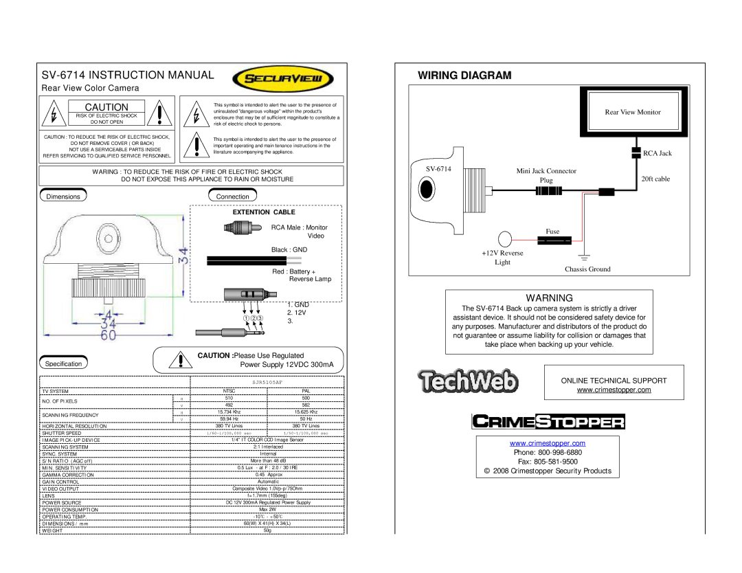 Crimestopper Security Products SV-6714 instruction manual Wiring Diagram, Rear View Monitor 