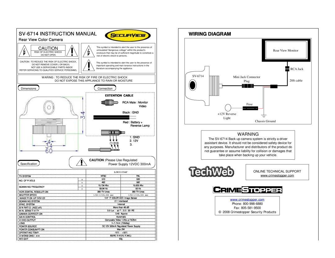 Crimestopper Security Products SV-6714 instruction manual Wiring Diagram, Rear View Color Camera 