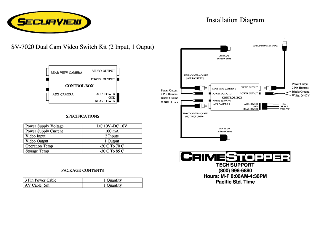 Crimestopper Security Products specifications SV-7020 Dual Cam Video Switch Kit 2 Input, 1 Ouput 