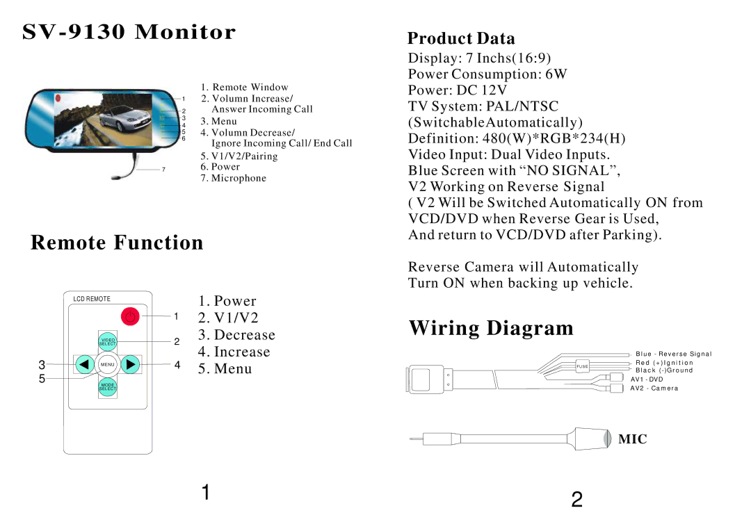 Crimestopper Security Products user manual SV-9130 Monitor, Remote Function, Wiring Diagram 