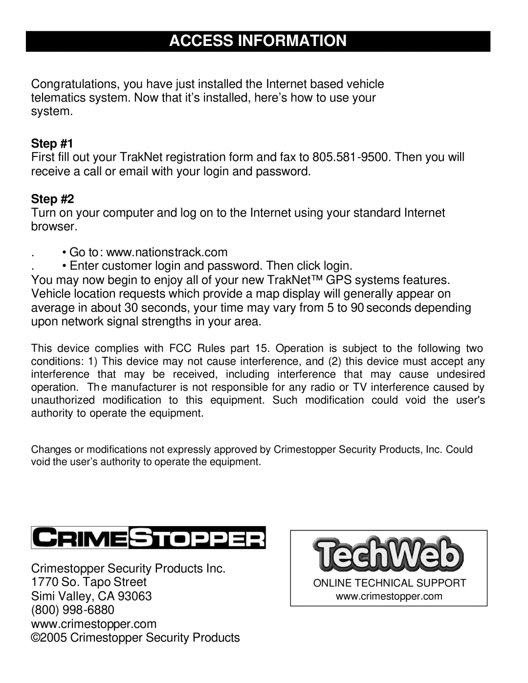 Crimestopper Security Products TN-4004, TN-4003 installation instructions Access Information, Step #1, Step #2 